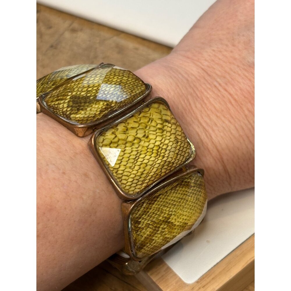 Yellow Snake Print Resin & Gold Tone Stretch Bracelet